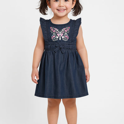 Cotton Slub Textured Denim Frock with Embroidery designed butterfly