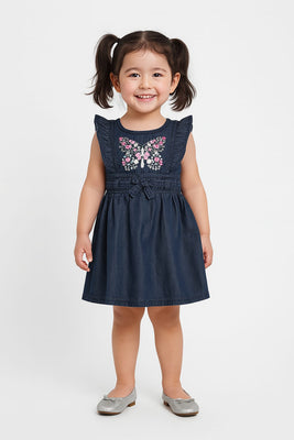 Cotton Slub Textured Denim Frock with Embroidery designed butterfly