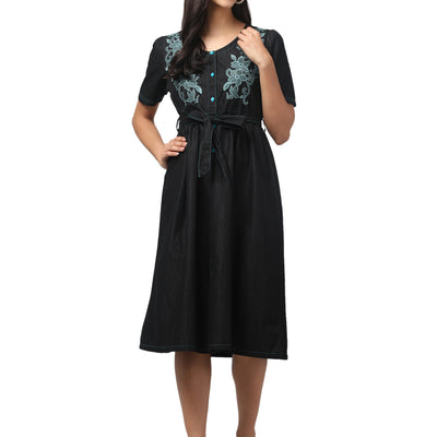 BLACK DRESS WITH BELT TEAL EMBROIDERY