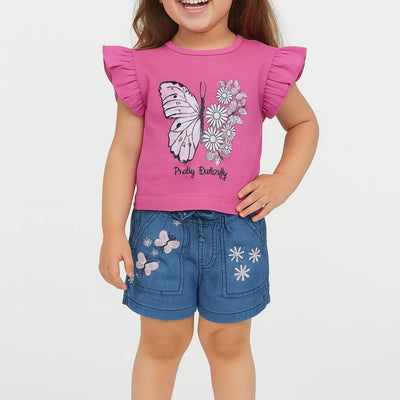 Knitted Top Plasticsol Print with Denim Hot pant with applique embroidery