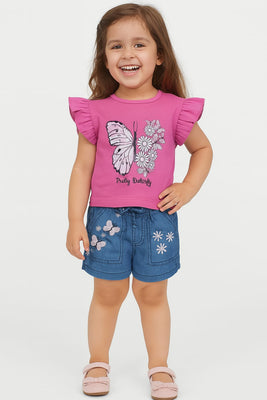 Knitted Top Plasticsol Print with Denim Hot pant with applique embroidery