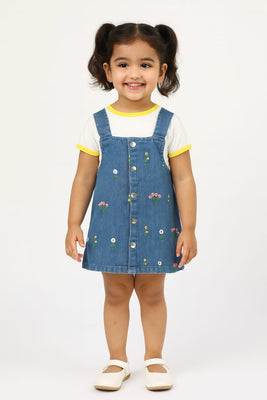 Stretchable Denim Dungree All over embroidered with Knitted print Tshirt