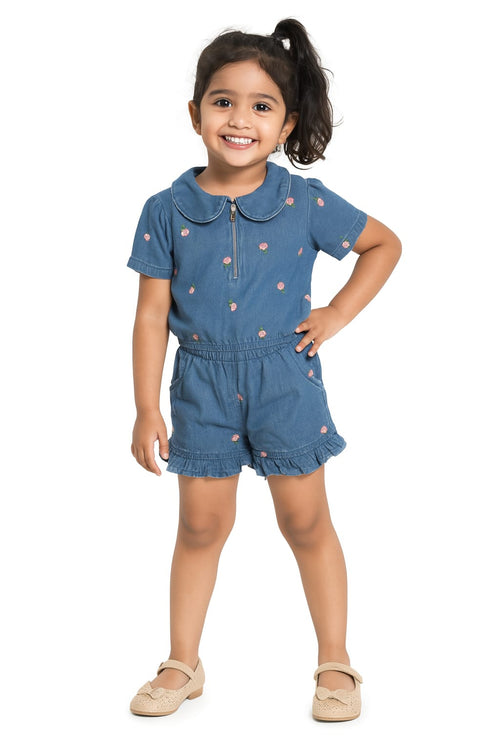 All over Embroidered 100% cotton Textured denim Set